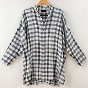 Eskandar Plaid Linen Blend Oversized Button Tunic Shirt Navy Gray White Size 0